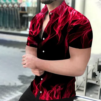 2023 Лето Новая мужская рубашка Модная повседневная дышащая 3D-печать Пламя Свободная рубашка с длинным рукавом Пуговица Мужские топы оверсайз