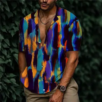 2023 Гавайский красочный цветочный узор 3D-печатная мужская летняя рубашка с коротким рукавом и лацканом Модная повседневная пуговица Вверх