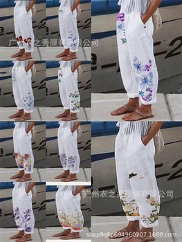 хлопок лен элегантный новый весна-лето женские брюки с цветочным принтом карманные брюки леди повседневная уличная одежда брюки