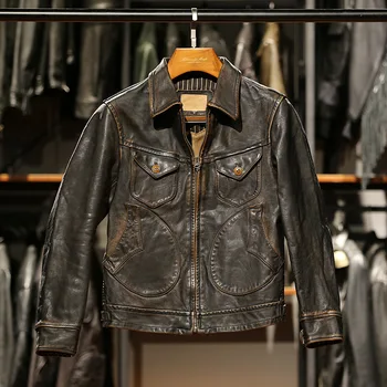 Кожаная куртка для лошадей в стиле ретро, мужская короткая куртка из натуральной кожи, состаренный мотоциклетный костюм куртки для мужчин