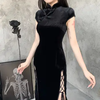 Чисто черный ретро китайский стиль Qipao Женский Instagram Лето 2023 Новое сплит-стиль Slim Fit Красивое платье