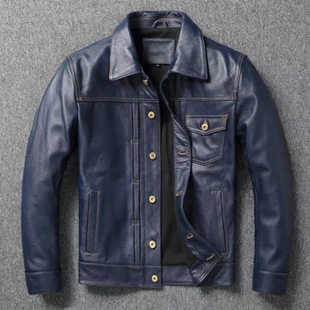Новый темно-синий верхний слой воловьей кожи натуральная кожаная куртка мужская короткая приталенная ретро мотоциклетная повседневная куртка Модный