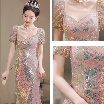 Luxury Vestidos De Festa 2023 Новая русалка Qipao Sequin Cheongsams Женщины Китайские вечерние платья Элегантное банкетное платье Выпускное платье
