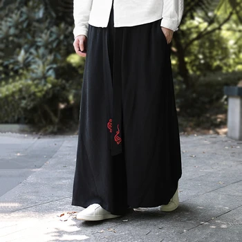 Мужчины вышитые в китайском стиле традиционное платье тан широкие брюки китаизм ханьфу свободные повседневные хлопковые конопляные прямые брюки