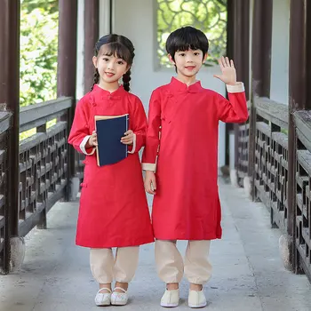 Китайская традиционная одежда для мальчиков и девочек Винтажная рубашка Ханьфу Тан Костюм Новогодний наряд для детей Кунг-фу Институт Конфуция