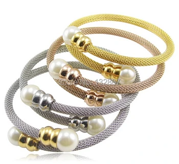  Выберите четыре цвета Белый жемчуг Дизайн Женские браслеты Нержавеющая сталь Проволока Стрейч Манжета Браслет Ницца