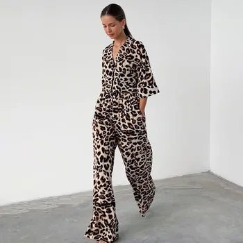Женский пижамный комплект с леопардовым принтом Весна Осень Женские пижамы 2 шт. С брюками с длинным рукавом и отложным воротником Пижама для женщин
