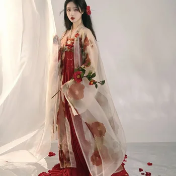 Китайское платье Ханьфу Древние женщины Дворец Камелия с вышитым принтом платье с большим рукавом Костюм Ханьфу Полный комплект