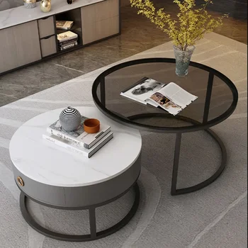  Круглый чайный столик из закаленного стекла Светлый роскошный современный минималистичный Гостиная Каменная плита Комбинированный чайный столик Выдвижной