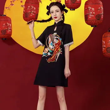 2024 Новая черная национальная мода Cheongsam Young Girls Улучшенное свободное короткое платье Черное китайское традиционное платье Cheongsam