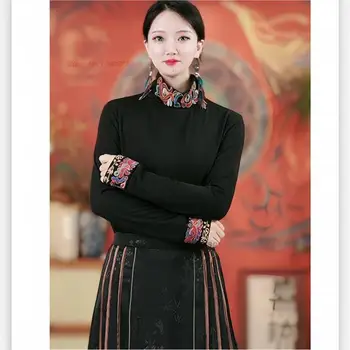 2024 Китайская национальная цветочная вышивка Рубашка с воротником Женщины Этнический винтаж Харадзюку Рубашка Восточный Танг Костюм Базовая Рубашка