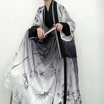 Song Dynasty Gradient Черный бамбуковый принт Ханьфу Костюм с поясом 4шт Мужчины Китайский стиль Фехтовальщик Косплей Костюмы Плюс Размер 3XL