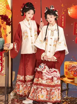 китайский костюм Ханьфу Вышитая юбка с мордой лошади Женский Новый год Осень и зима Стиль Утолщенное традиционное платье Зима