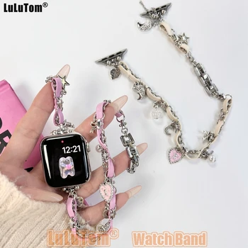 Кожаный ремешок с подвеской на веревке для Apple Watch 9 Band Ultra 2 49 38 41 40 44 45 42 MM Металлические браслеты IWatch Series 9 8 7 6 SE 5 4 3