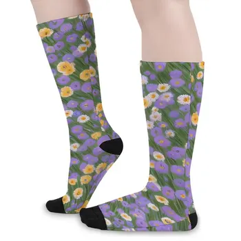 Цветочные носки Ditsy Желтые и фиолетовые модные чулки Зимние носки против пота Женские мужские носки Дышащий узор Велосипедные носки