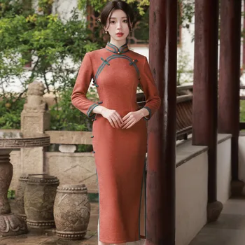 Осень Пуговицы ручной работы Семь точек рукава Qipao Китайские женщины Мандариновый воротник Cheongsam Элегантное ежедневное платье