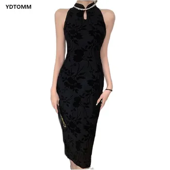 Черное облегающее платье средней длины Китайский стиль Элегантный Новый 2023 Лето Cheongsam Pearl Винтажная женская одежда Товары для продажи