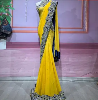 2023 Весеннее вышитое индийское сари, халат из желтой пряжи, подходящий для свадьбы