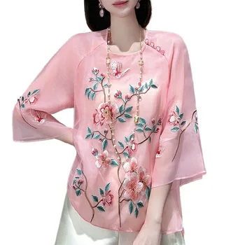Высококачественная весна и лето в китайском стиле с вышивкой шелковая блузка рубашка женская мода элегантная свободная женская рубашка солнцезащитный крем топ S-XXL