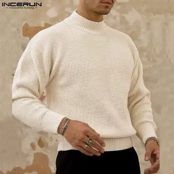INCERUN Топы 2024 Корейский стиль Новый мужской пуловер с твердой текстурой Свитер Повседневная уличная одежда Простой свитер с длинными рукавами с о-образным вырезом S-5XL