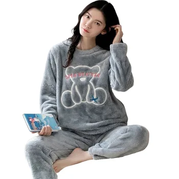 Женщины Зимняя теплая пижама Симпатичный принт с длинным рукавом Ночное белье Топ и брюки Комплект для сна Вечеринка