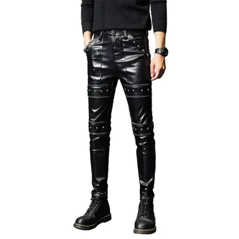 Новые панк-заклепки персонализированные брюки из искусственной кожи для мужчин, модные мотоциклетные штаны, узкие мужские брюки pantaloni pelle uomo 남성바지