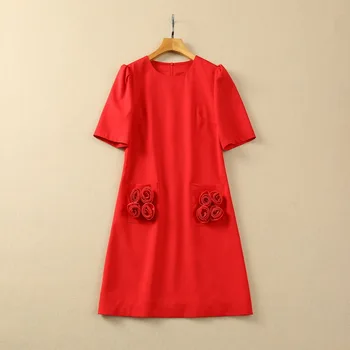 европейская и американская женская одежда 2024 весна новая круглый вырез с коротким рукавом цветочная подставка мода Красное платье XXL