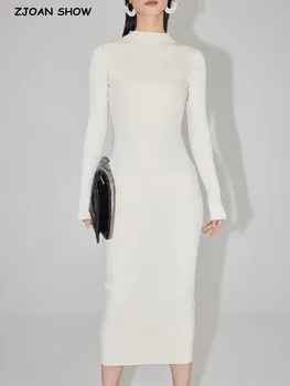 2022 Сексуальное платье-свитер с половинным воротником в рубчик Женское женское платье с длинными рукавами Basic Bodycon Midi Long Robe Slim Fit Vestido