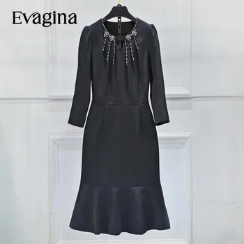 Evagina Высокое качество Модное дизайнерское платье Женское платье с круглым воротником Бисер Горный хрусталь Винтаж премиум-класса Тонкие платья с рыбьим хвостом