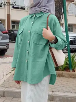 ZANZEA Женская осенняя рубашка Мода Лацкан Шея Блузка с длинным рукавом Повседневные мусульманские топы Сплошные пуговицы Вниз Blusas Исламская одежда