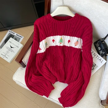  Мультяшная аппликация Рождественский красный свитер Цвет Соответствующий полосатый пуловер Женская осенне-зимняя одежда Жареное тесто Twists Трикотажный топ