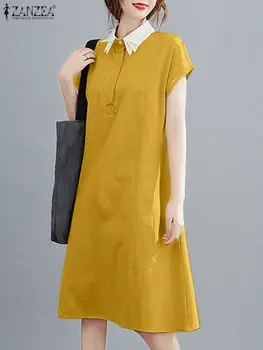 ZANZEA Женское винтажное платье для вечеринок Летний праздничный халат Femme 2023 С коротким рукавом Midi Vestidos Оверсайз Повседневный однотонный свободный сарафан