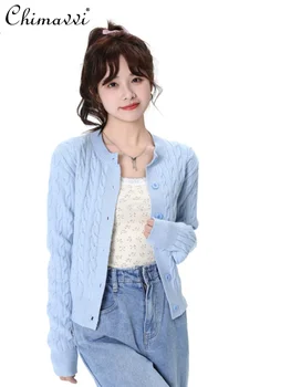 Мода с длинным рукавом и круглым вырезом Сладкий милый женский трикотажный кардиган 2023 осень-зима синий японский повседневный свободный свитер пальто