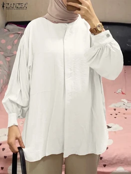 2023 ZANZEA Женщины с длинным рукавом Мусульманская рубашка из Дубая Турция Повседневная однотонная туника Исламская одежда Свободные топы Винтаж Осенняя блузка