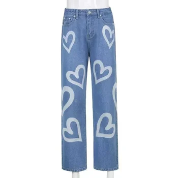 оригинальный дизайн Женская мода Новый INS Граффити Принт Свободные прямые джинсовые брюки Брюки с высокой талией Джинсы XS-XXL