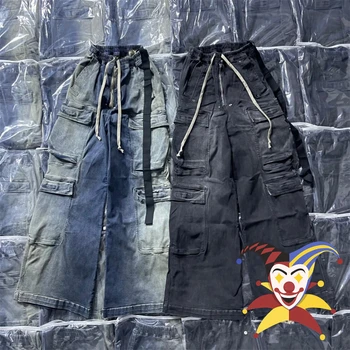 Джинсы с несколькими карманами для мужчин и женщин Высокое качество шнурок Черный Синий Джинсовые брюки оверсайз