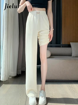 Jielur Белые летние женские брюки с высокой талией Тонкие однотонные прямые повседневные рабочие одежды Простые женские брюки Офисная леди