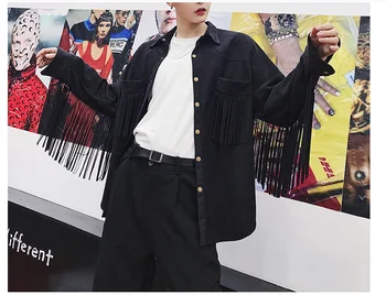 Черный и верблюжья кисточка Свободная рубашка с длинными рукавами Мужской певец Сценическое выступление Одежда Ночной клуб DJ Dance Прыгающая рубашка Куртка
