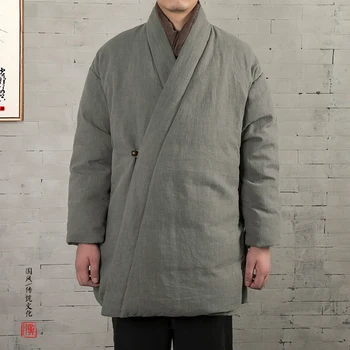 3color Китайское традиционное платье Мужское платье средней длины Дзен-платье Зимнее более толстое Мужское улучшенное Ханьфу Хлопковая куртка Мужское теплое пальто