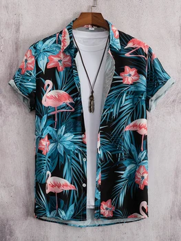 2023 Гавайская рубашка Мужская мода Цветок Геометрический принт Блузка Пляж Однобортный с коротким рукавомТопы Праздничная мужская одежда