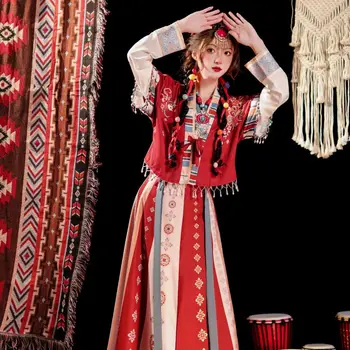 Династия Тан Женская ежедневная фея Полный набор Тибетский стиль Лето Древний китайский костюм Традиционный танец Ханьфу Платье феи