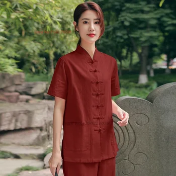 2024 Китайская буддийская медитация Дзен-костюм Национальный чайный сервиз Ханьфу Хлопковая льняная блузка + брюки Восточный набор для тай-чи йоги