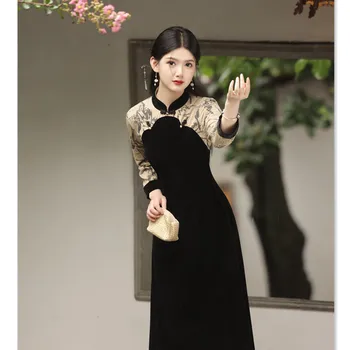 Новый китайский стиль черный бархат сращенный рукав реглан qipao женское сексуальное облегающее элегантное китайское традиционное платье Cheongsam