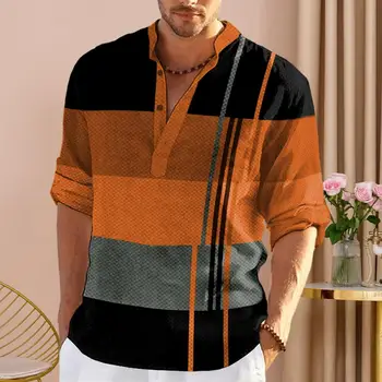 Мужская деловая рубашка V-образным вырезом на пуговицах Вырез Пуловер с длинным рукавом Топы Пэчворк Цвет Повседневная рубашка Топы