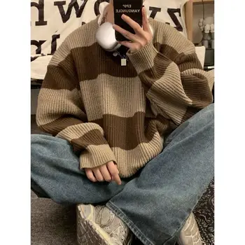 корейский лоскутный полосатый свитер для мужчин осенью и зимой ленивый свободный вязаный свитер с круглым вырезом ретро модный свитер