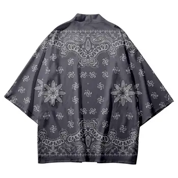 Мода Уличная одежда Кешью Принт Серый Традиционное кимоно Повседневные Мужчины Женщины Кардиган Косплей Рубашки Харадзюку Японский Самурай Хаори
