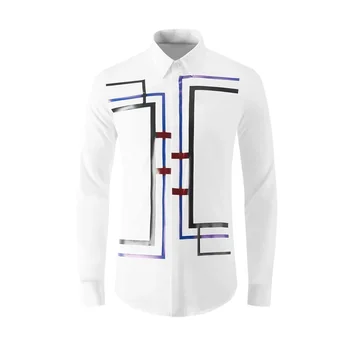 Новое поступление Высокое качество осень-зима Цифровая печать Геометрические линейные мужские модные повседневные рубашки с длинным рукавом Большие размеры M-4XL