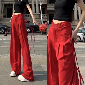 2023 Женщины Корейская лента Повседневная уличная одежда Harajuku Y2K Широкие штанины Костюм Брюки Женские однотонные прямые брюки Брюки с высокой талией