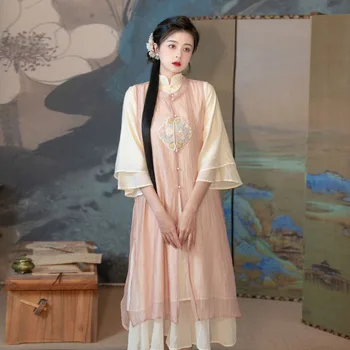 Ханьфу Китайская традиционная улучшенная женская одежда Розовое платье Облачная вышивка Ретро Тонкое платье Древний китайский костюм