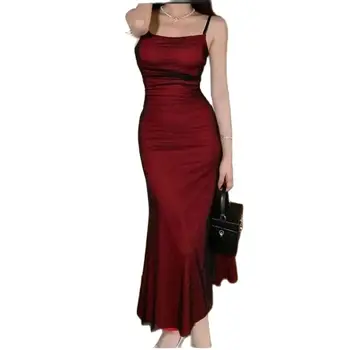 французский женский облегающий корсет без рукавов макси платье вино красный спагетти ремень рюши элегантные вечерние вечеринки длинные винтажные платья